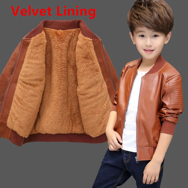 Boys Winter Coat - Warm Velvet  Non-Velvet PU Leather Jacket for 1-11Y Kids - ZOOMNSTORE
