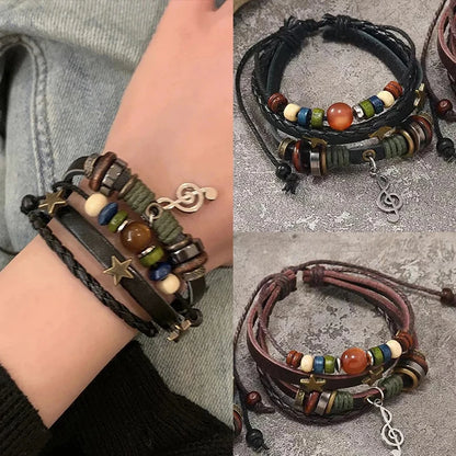 Handmade Brown Leather Wrap Bracelet - Hippie Design with Metal Star Charms and Wood Beads - ZOOMNSTORE