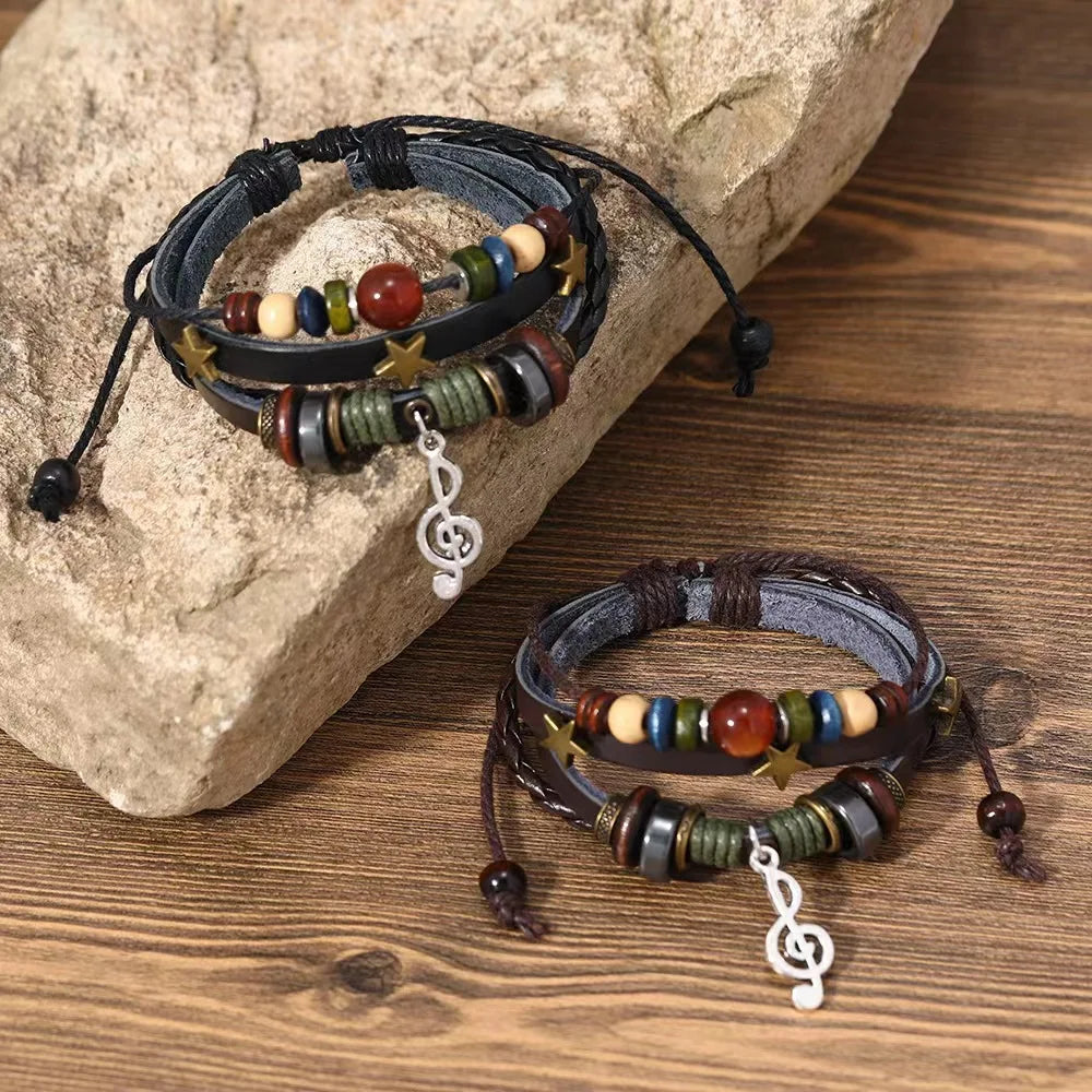 Handmade Brown Leather Wrap Bracelet - Hippie Design with Metal Star Charms and Wood Beads - ZOOMNSTORE