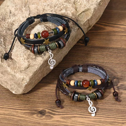 Handmade Brown Leather Wrap Bracelet - Hippie Design with Metal Star Charms and Wood Beads - ZOOMNSTORE