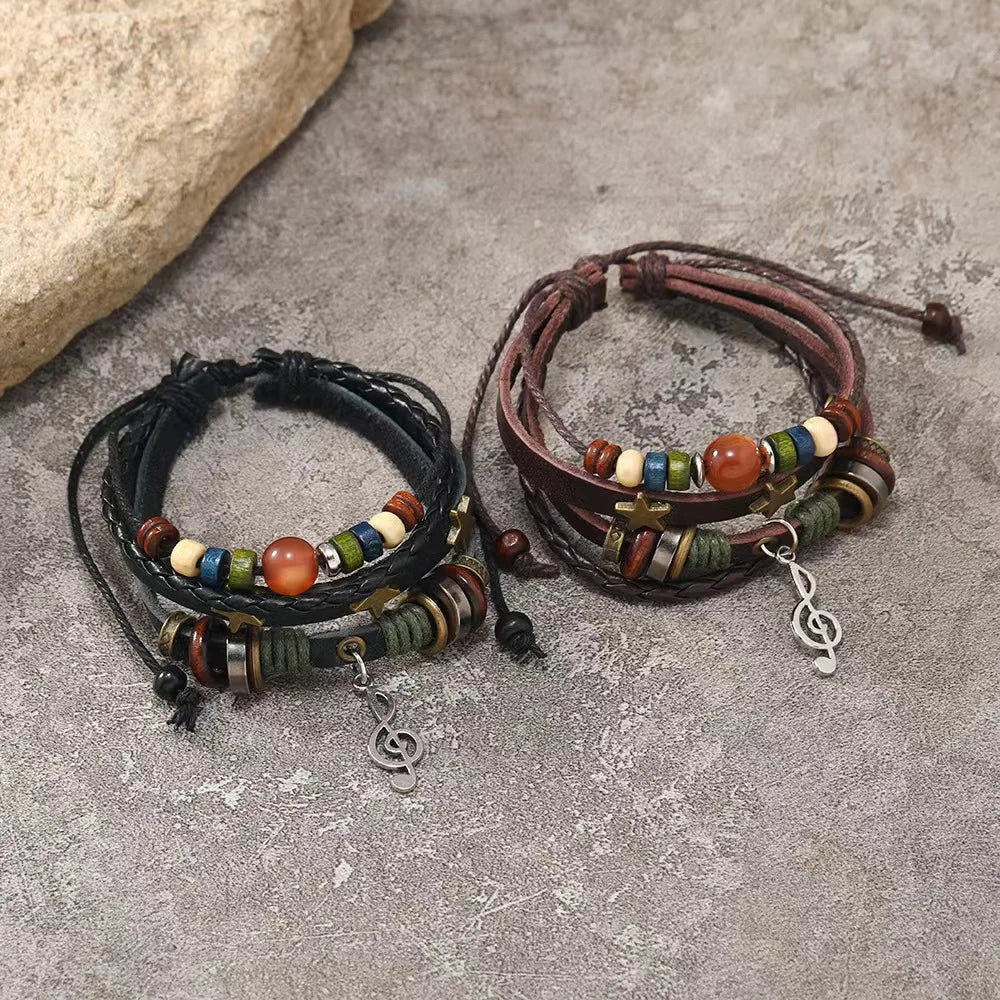 Handmade Brown Leather Wrap Bracelet - Hippie Design with Metal Star Charms and Wood Beads - ZOOMNSTORE