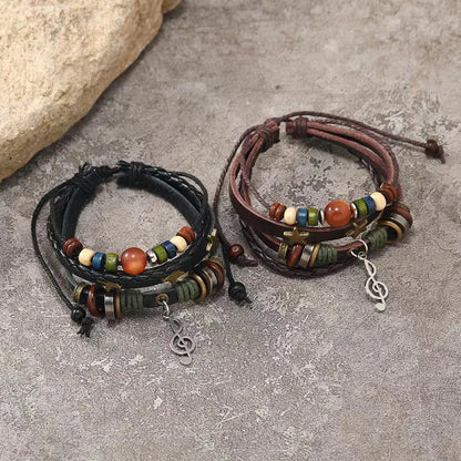 Handmade Brown Leather Wrap Bracelet - Hippie Design with Metal Star Charms and Wood Beads - ZOOMNSTORE