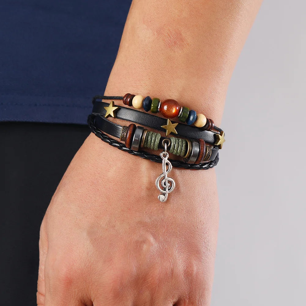 Handmade Brown Leather Wrap Bracelet - Hippie Design with Metal Star Charms and Wood Beads - ZOOMNSTORE