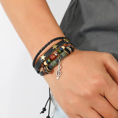 Handmade Brown Leather Wrap Bracelet - Hippie Design with Metal Star Charms and Wood Beads - ZOOMNSTORE