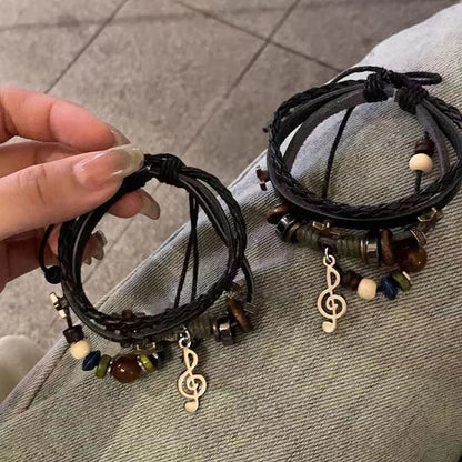 Handmade Brown Leather Wrap Bracelet - Hippie Design with Metal Star Charms and Wood Beads - ZOOMNSTORE