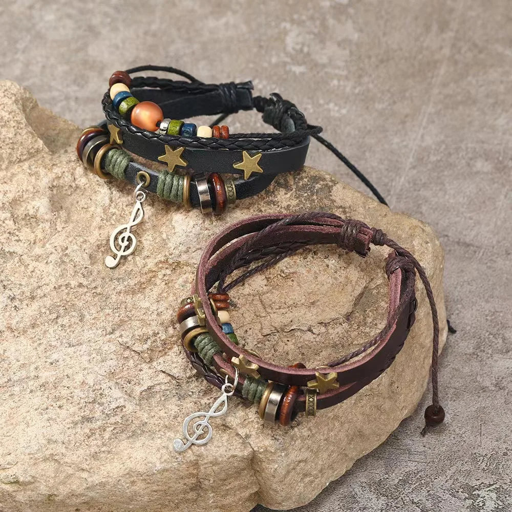 Handmade Brown Leather Wrap Bracelet - Hippie Design with Metal Star Charms and Wood Beads - ZOOMNSTORE