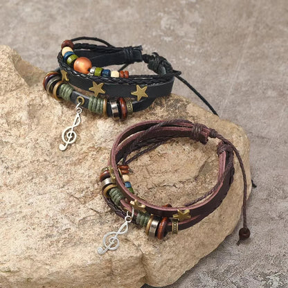 Handmade Brown Leather Wrap Bracelet - Hippie Design with Metal Star Charms and Wood Beads - ZOOMNSTORE
