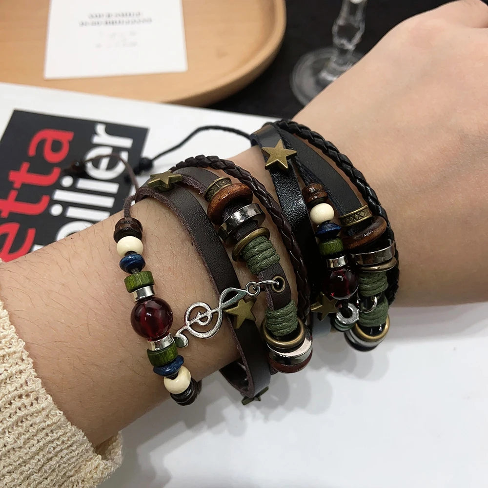 Handmade Brown Leather Wrap Bracelet - Hippie Design with Metal Star Charms and Wood Beads - ZOOMNSTORE