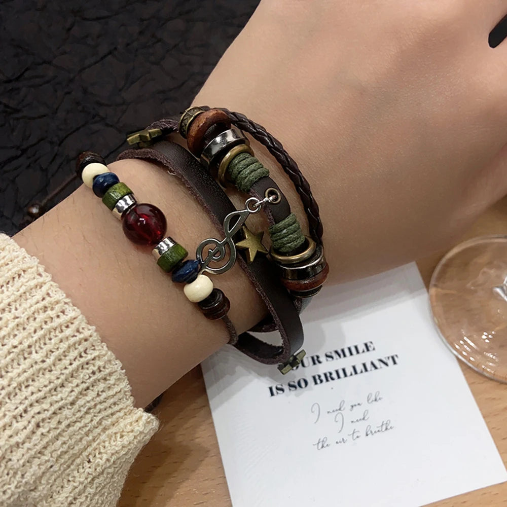 Handmade Brown Leather Wrap Bracelet - Hippie Design with Metal Star Charms and Wood Beads - ZOOMNSTORE