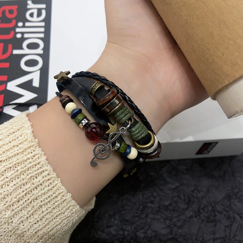 Handmade Brown Leather Wrap Bracelet - Hippie Design with Metal Star Charms and Wood Beads - ZOOMNSTORE