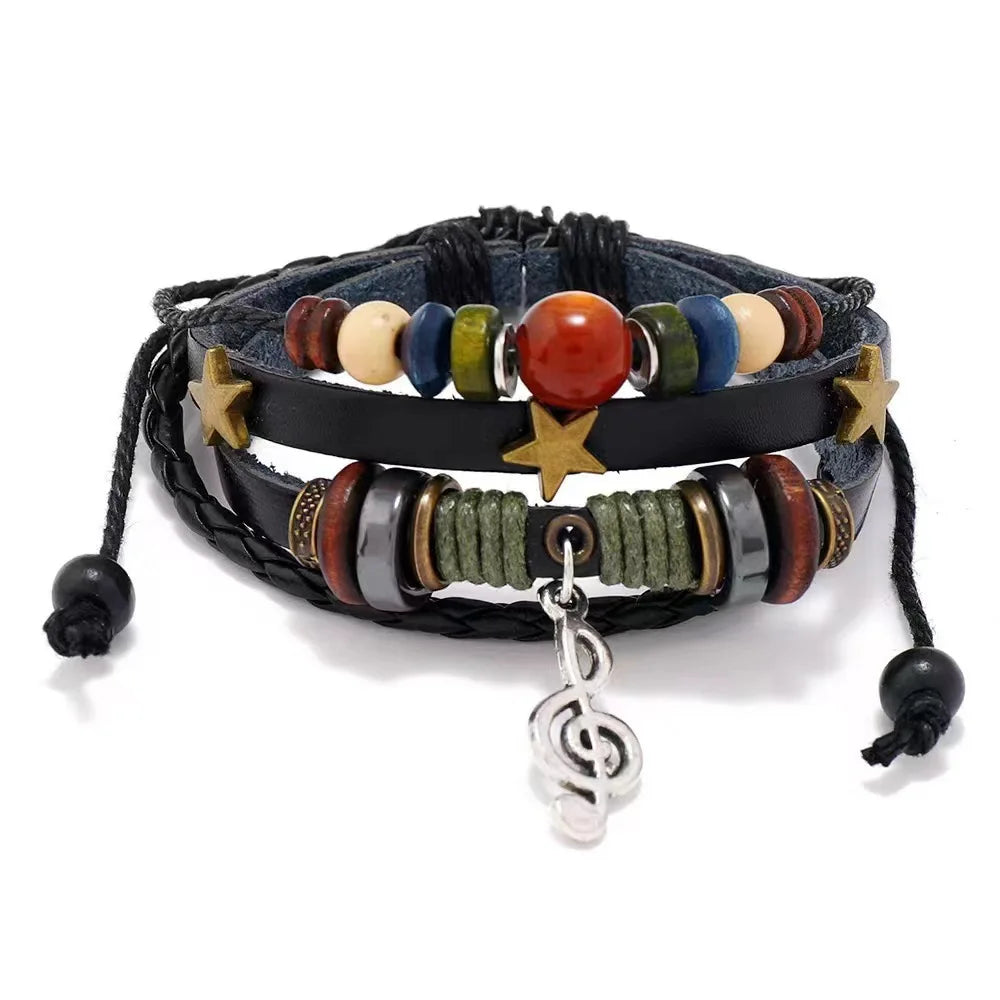 Handmade Brown Leather Wrap Bracelet - Hippie Design with Metal Star Charms and Wood Beads - ZOOMNSTORE
