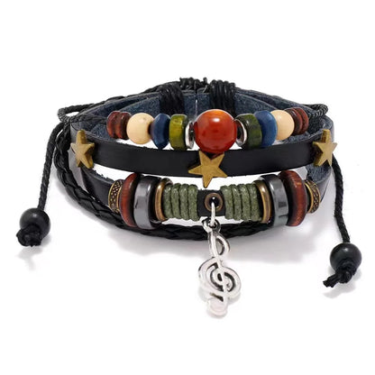 Handmade Brown Leather Wrap Bracelet - Hippie Design with Metal Star Charms and Wood Beads - ZOOMNSTORE