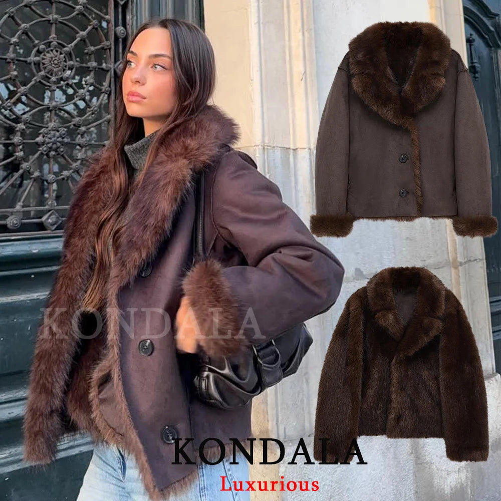 Brown Leather Fur Coat - Women's Casual Winter Jacket With Buttons & Pockets - ZOOMNSTORE