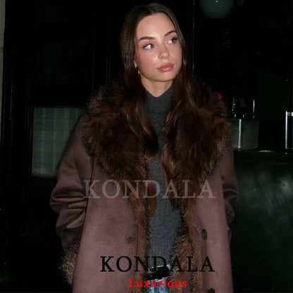 Brown Leather Fur Coat - Women's Casual Winter Jacket With Buttons & Pockets - ZOOMNSTORE