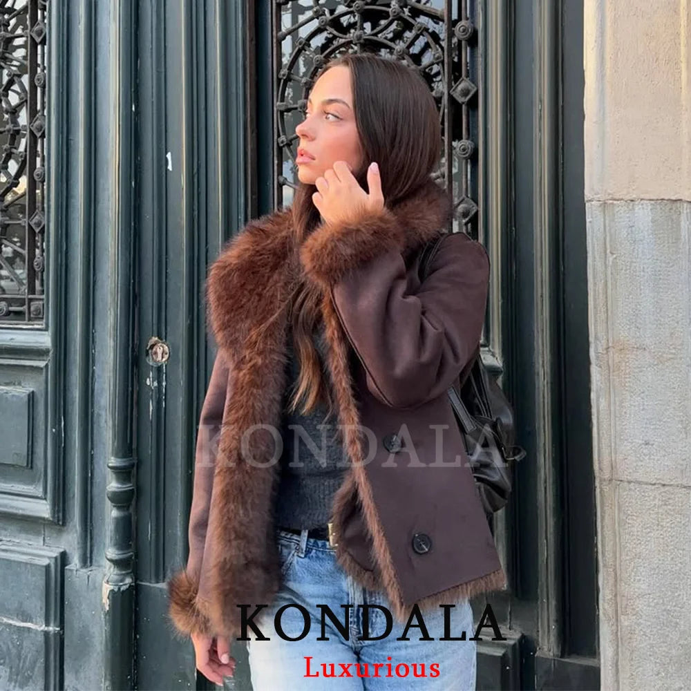 Brown Leather Fur Coat - Women's Casual Winter Jacket With Buttons & Pockets - ZOOMNSTORE