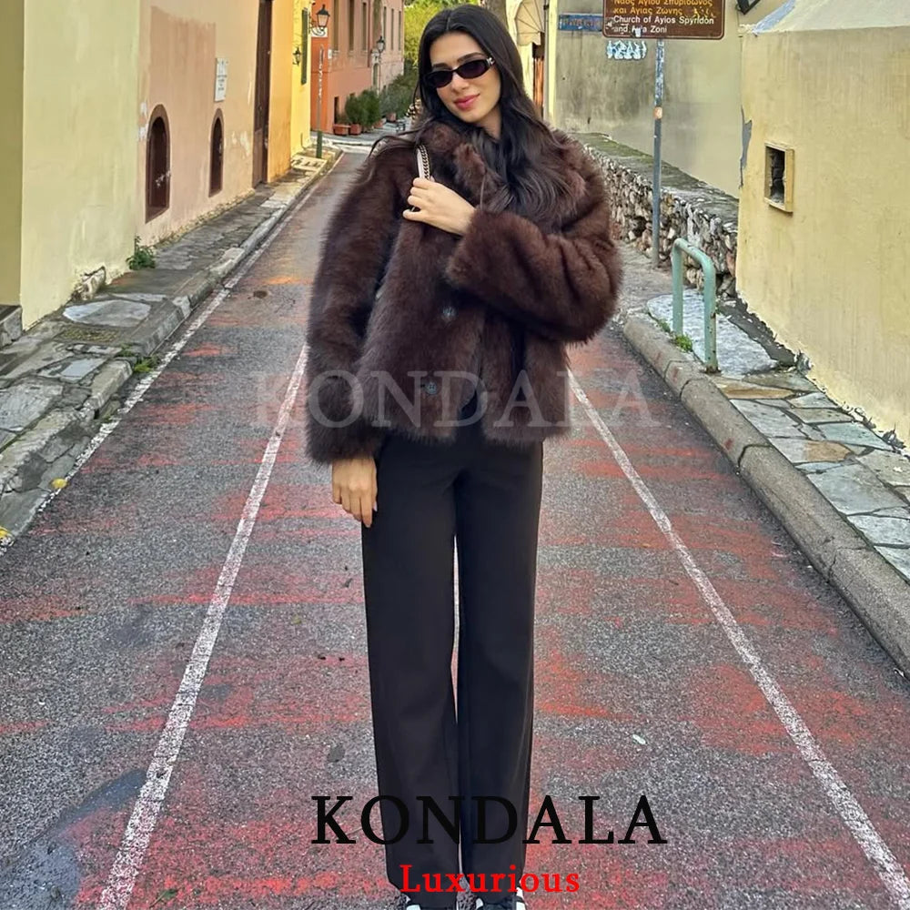 Brown Leather Fur Coat - Women's Casual Winter Jacket With Buttons & Pockets - ZOOMNSTORE