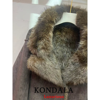 Brown Leather Fur Coat - Women's Casual Winter Jacket With Buttons & Pockets - ZOOMNSTORE