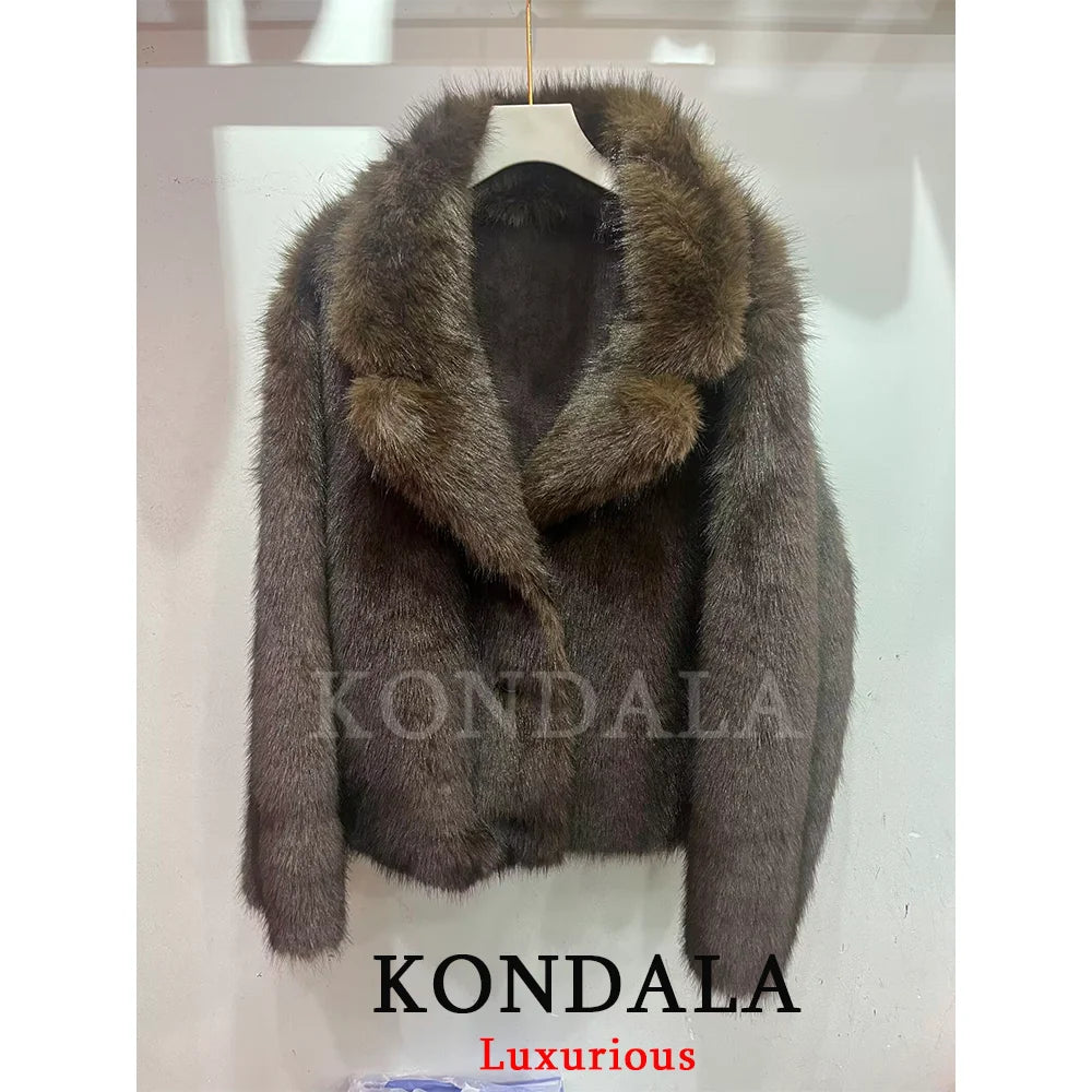 Brown Leather Fur Coat - Women's Casual Winter Jacket With Buttons & Pockets - ZOOMNSTORE