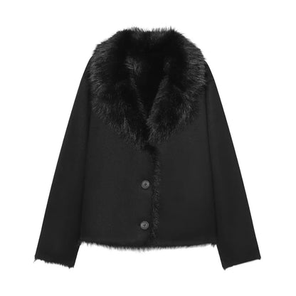Brown Leather Fur Coat - Women's Casual Winter Jacket With Buttons & Pockets - ZOOMNSTORE