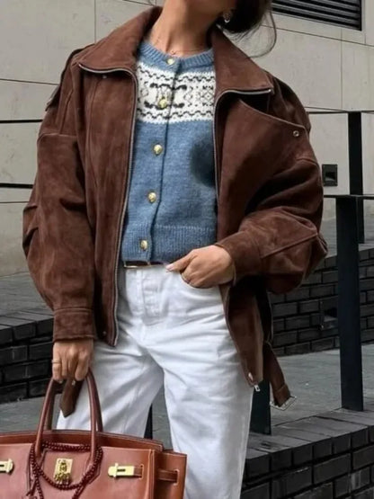 Retro Loose Brown Jacket - Casual European American Style - ZOOMNSTORE