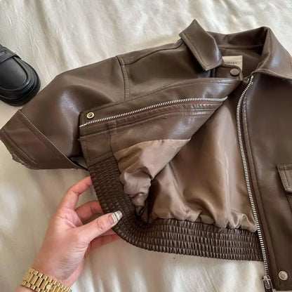 Brown PU Leather Toddler Jacket - Zipper Coat with Lapel Collar for 2-10Y - ZOOMNSTORE
