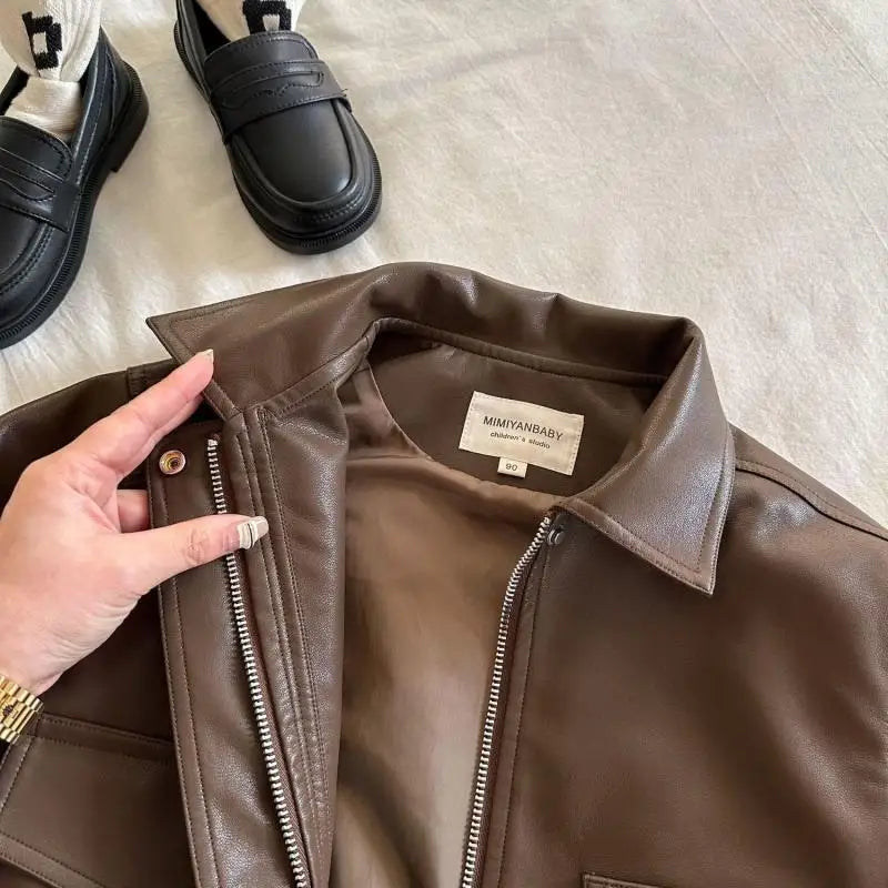 Brown PU Leather Toddler Jacket - Zipper Coat with Lapel Collar for 2-10Y - ZOOMNSTORE