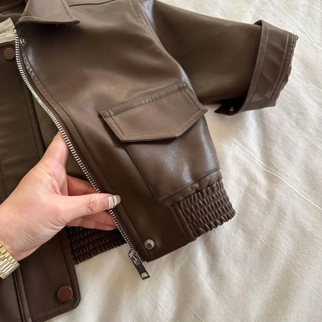 Brown PU Leather Toddler Jacket - Zipper Coat with Lapel Collar for 2-10Y - ZOOMNSTORE