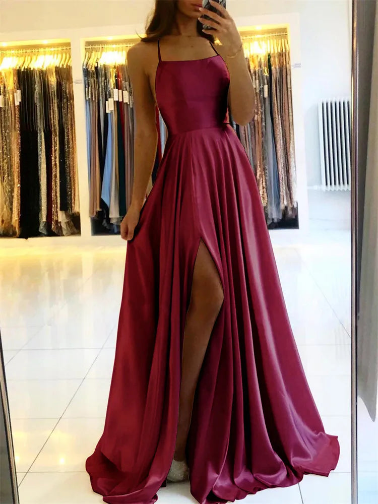 Burgundy Satin Maxi Dress - Women's Evening Prom Dress With Sexy Side Slit - ZOOMNSTORE