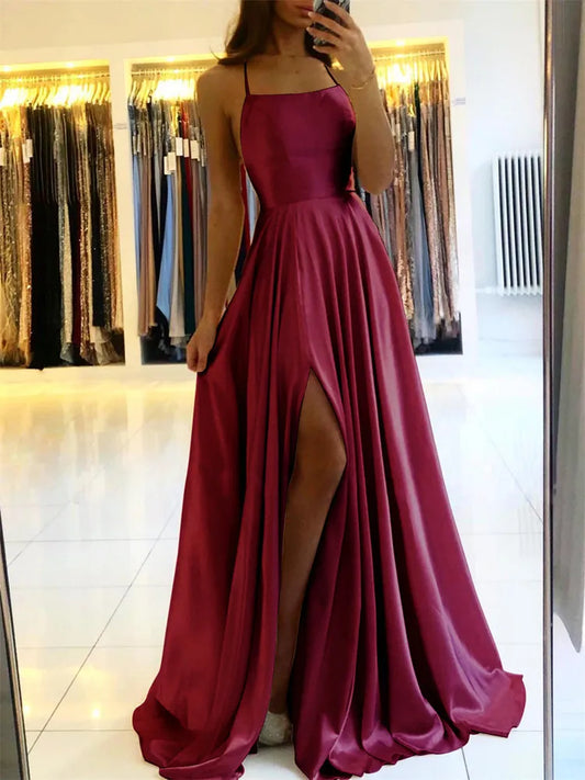 Burgundy Satin Maxi Dress - Women's Evening Prom Dress With Sexy Side Slit - ZOOMNSTORE