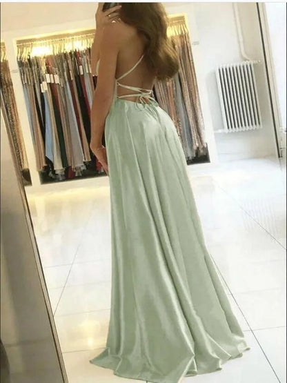 Burgundy Satin Maxi Dress - Women's Evening Prom Dress With Sexy Side Slit - ZOOMNSTORE