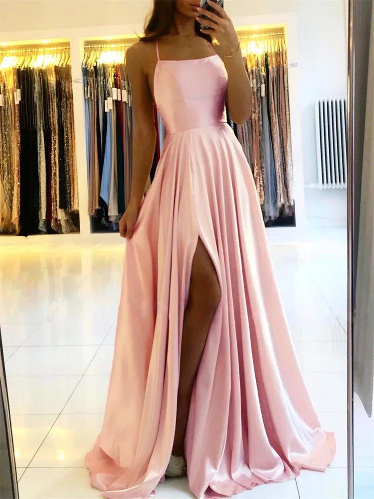 Burgundy Satin Maxi Dress - Women's Evening Prom Dress With Sexy Side Slit - ZOOMNSTORE