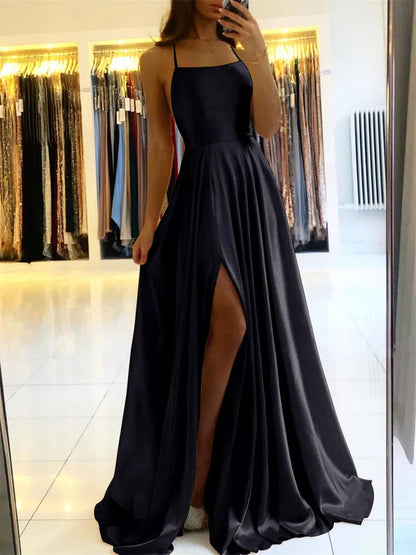 Burgundy Satin Maxi Dress - Women's Evening Prom Dress With Sexy Side Slit - ZOOMNSTORE
