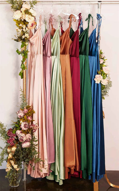 Burgundy Satin Maxi Dress - Women's Evening Prom Dress With Sexy Side Slit - ZOOMNSTORE