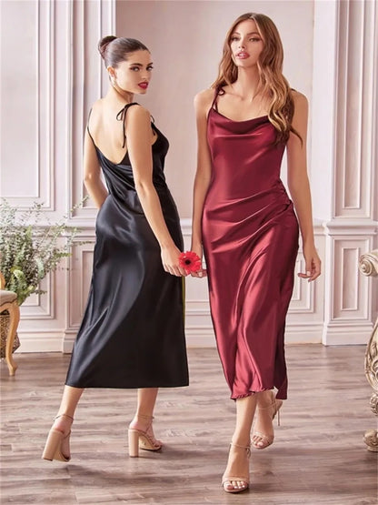 Burgundy Satin Maxi Dress - Women's Evening Prom Dress With Sexy Side Slit - ZOOMNSTORE