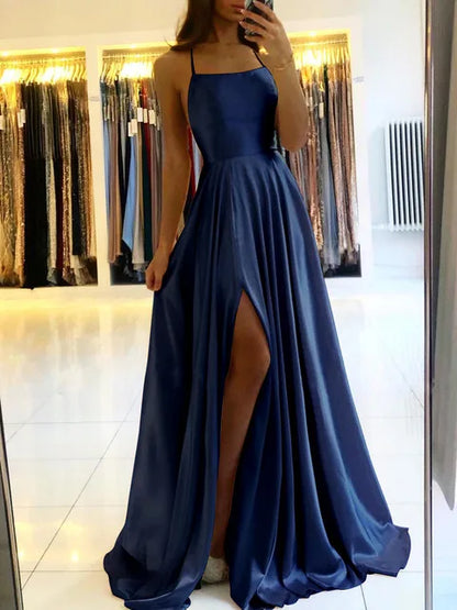 Burgundy Satin Maxi Dress - Women's Evening Prom Dress With Sexy Side Slit - ZOOMNSTORE