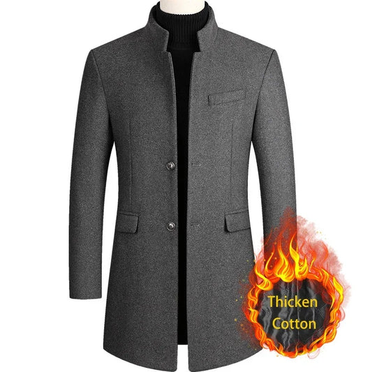 Business Casual Trench Coat - Men's Wool Blend Long Overcoat With Mandarin Collar - ZOOMNSTORE