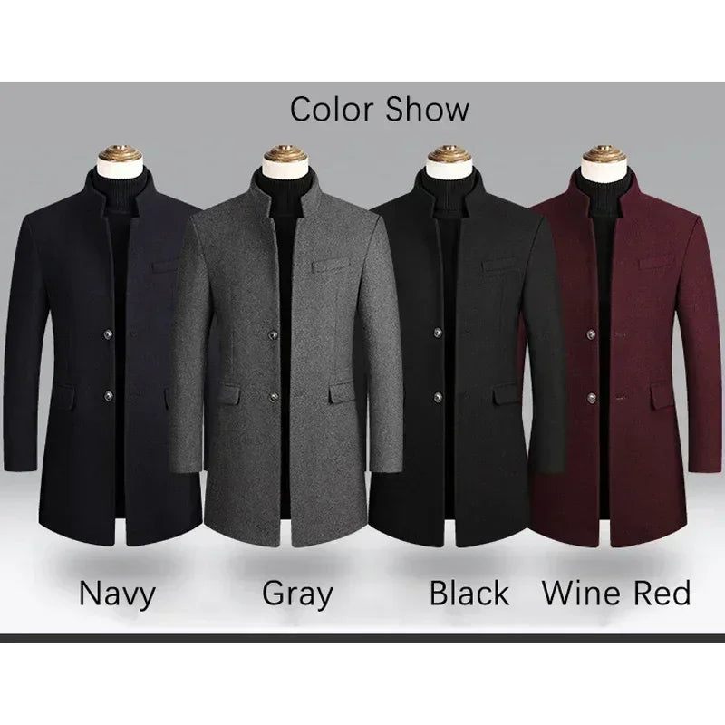 Business Casual Trench Coat - Men's Wool Blend Long Overcoat With Mandarin Collar - ZOOMNSTORE