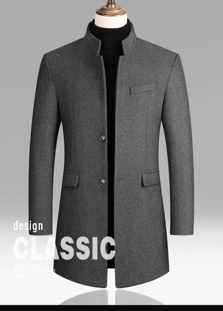 Business Casual Trench Coat - Men's Wool Blend Long Overcoat With Mandarin Collar - ZOOMNSTORE