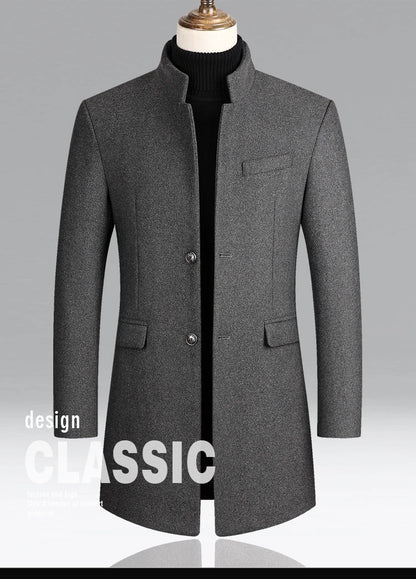 Business Casual Trench Coat - Men's Wool Blend Long Overcoat With Mandarin Collar - ZOOMNSTORE