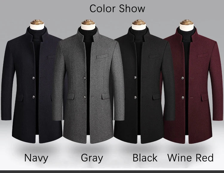 Business Casual Trench Coat - Men's Wool Blend Long Overcoat With Mandarin Collar - ZOOMNSTORE