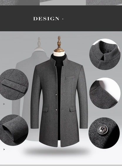 Business Casual Trench Coat - Men's Wool Blend Long Overcoat With Mandarin Collar - ZOOMNSTORE