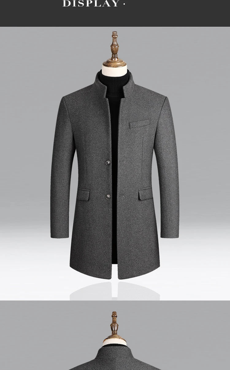 Business Casual Trench Coat - Men's Wool Blend Long Overcoat With Mandarin Collar - ZOOMNSTORE