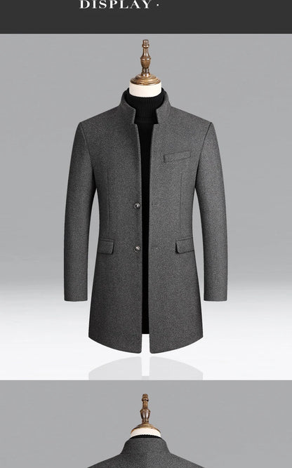 Business Casual Trench Coat - Men's Wool Blend Long Overcoat With Mandarin Collar - ZOOMNSTORE