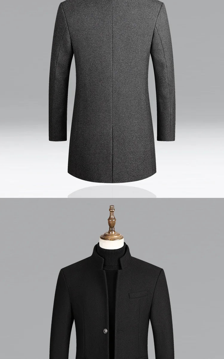 Business Casual Trench Coat - Men's Wool Blend Long Overcoat With Mandarin Collar - ZOOMNSTORE