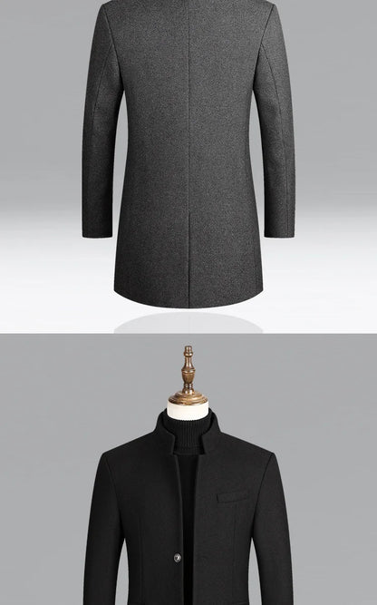 Business Casual Trench Coat - Men's Wool Blend Long Overcoat With Mandarin Collar - ZOOMNSTORE