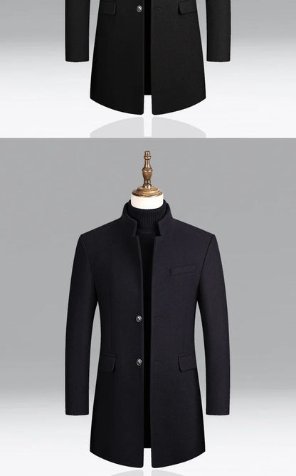 Business Casual Trench Coat - Men's Wool Blend Long Overcoat With Mandarin Collar - ZOOMNSTORE