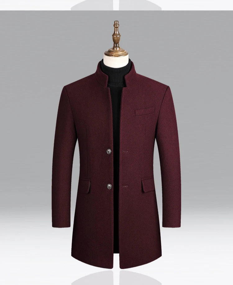 Business Casual Trench Coat - Men's Wool Blend Long Overcoat With Mandarin Collar - ZOOMNSTORE