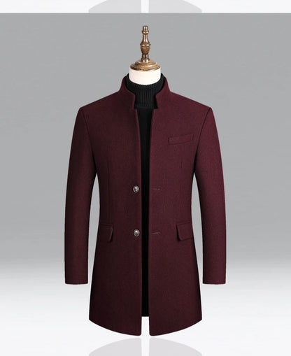 Business Casual Trench Coat - Men's Wool Blend Long Overcoat With Mandarin Collar - ZOOMNSTORE