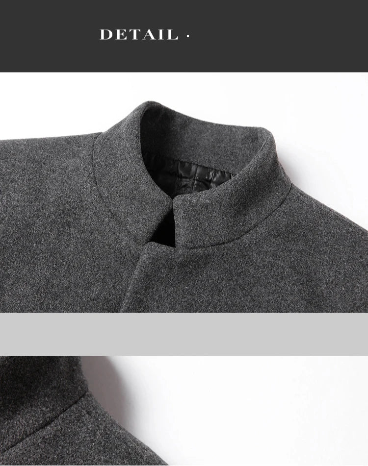 Business Casual Trench Coat - Men's Wool Blend Long Overcoat With Mandarin Collar - ZOOMNSTORE