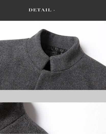Business Casual Trench Coat - Men's Wool Blend Long Overcoat With Mandarin Collar - ZOOMNSTORE
